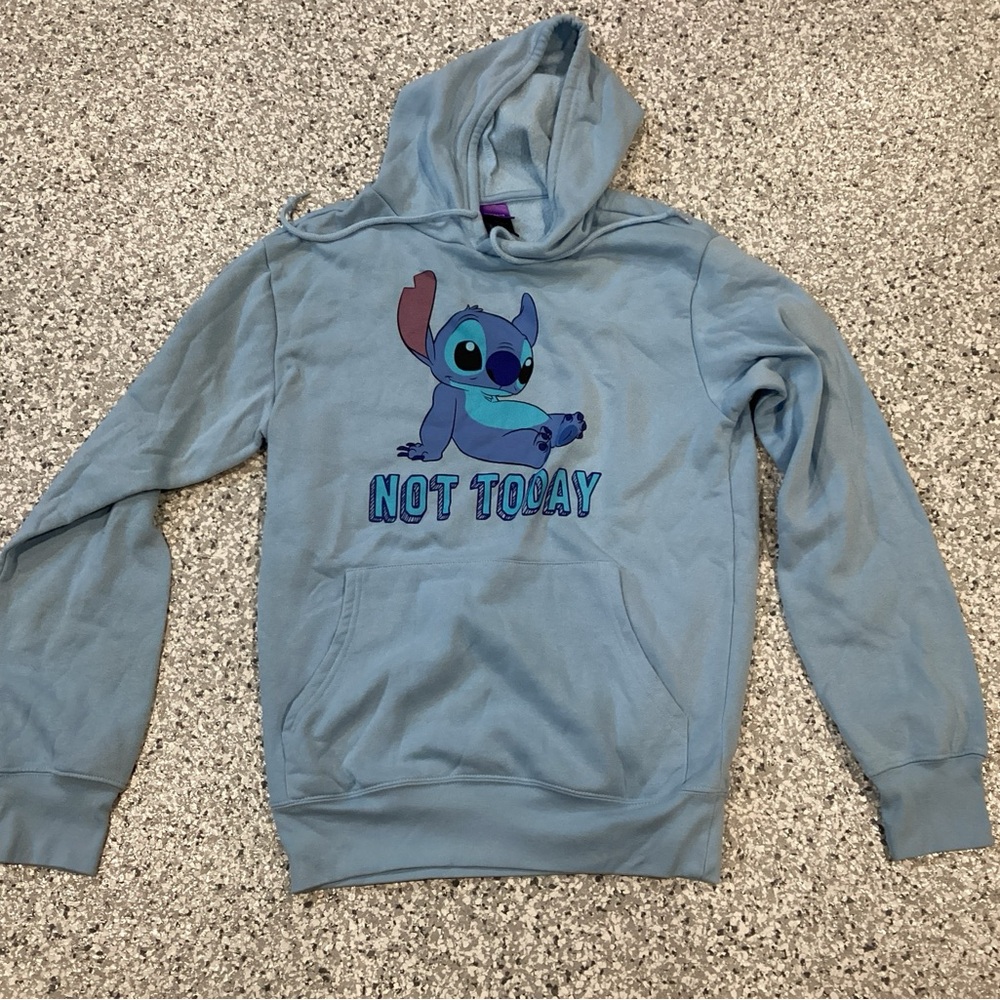DISNEY Stitch Graphic Sweatshirt Hoodie (Not Today) Light Blue Women's Small